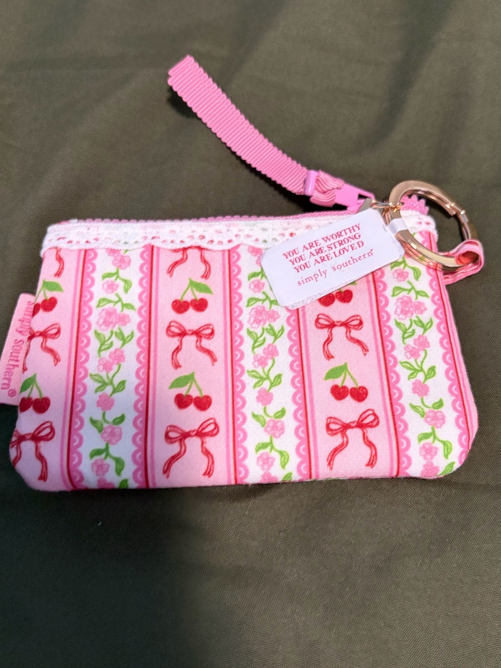 Simply Southern Pink Cherry Print Wristlet Key Pouch
